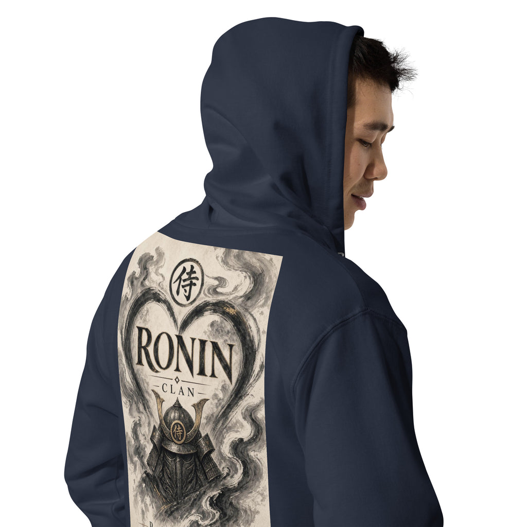 Ink Heart Ronin Clan Zip Hoodie, classic navy right back: ink-wash heart around a kabuto helmet on cream paper, 侍 seal and RONIN CLAN
