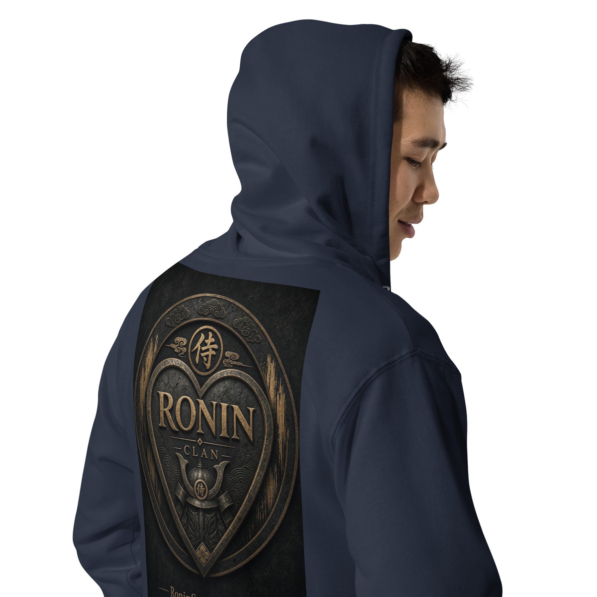 Bronze Crest Ronin Clan Zip Hoodie, classic navy right back: bronze heart shield with the 侍 seal, RONIN CLAN and a kabuto emblem
