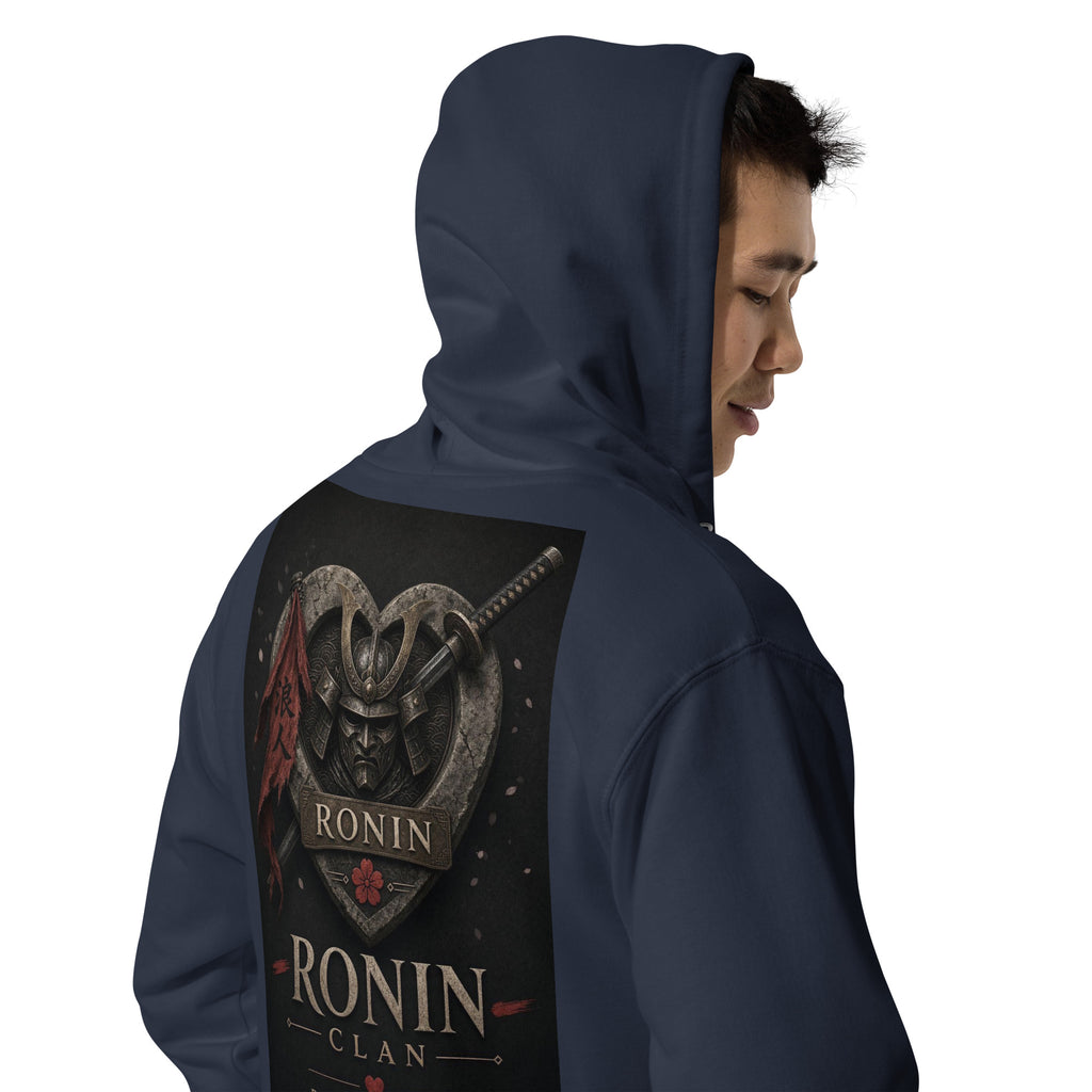 Royal Crest Ronin Clan Zip Hoodie, classic navy right back: gilded red-and-gold heart shield with the 侍 seal, RONIN CLAN and kabuto emblem