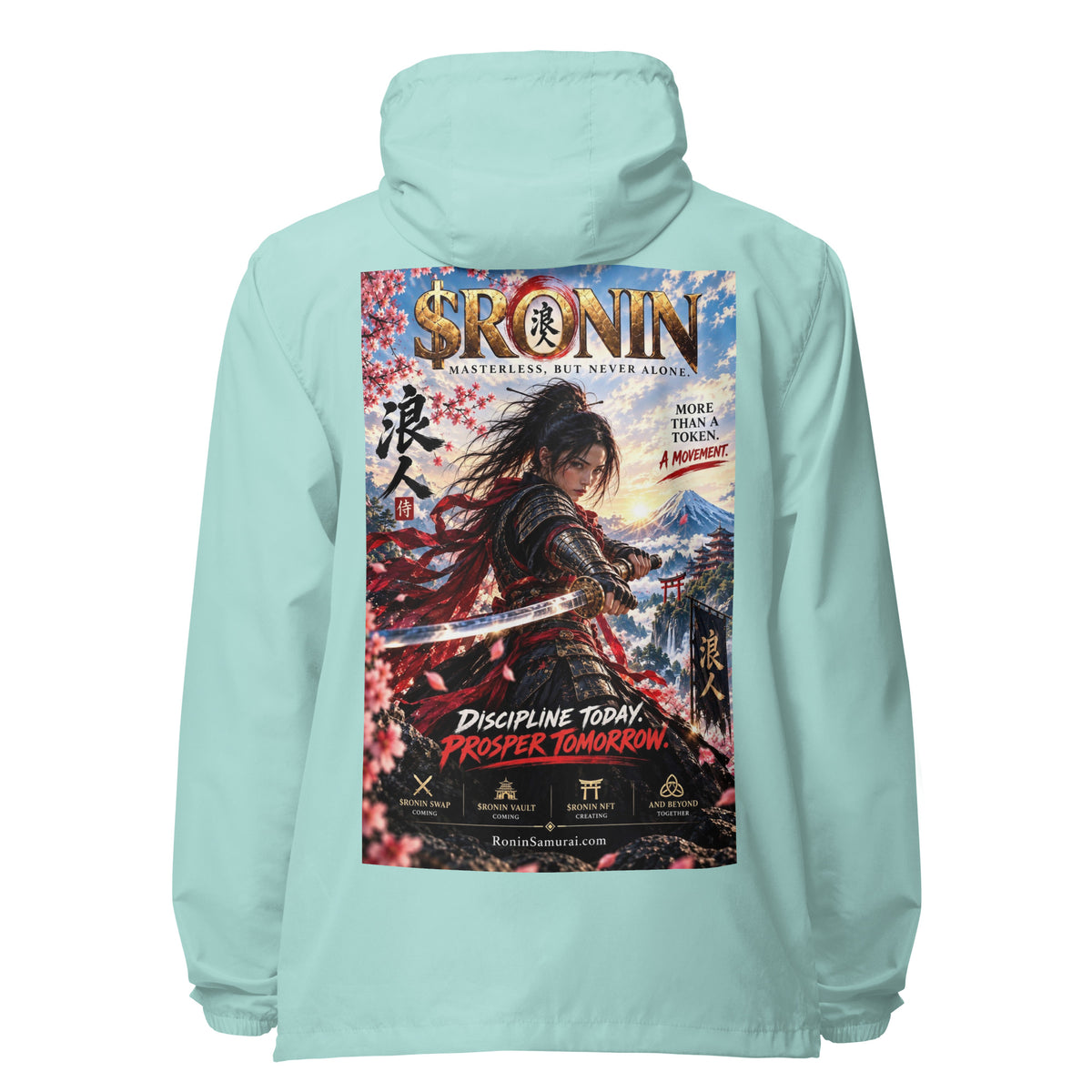 Discipline Today Ronin Windbreaker, aqua white zipper back: back print of a female samurai lunging with a katana before Fuji under a gold $RONIN