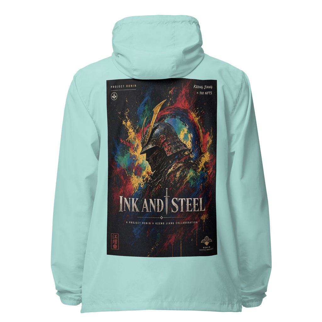 Ink and Steel Samurai Windbreaker, aqua white zipper back: back print of a samurai in a gold-crested helmet amid paint splashes, INK AND STEEL