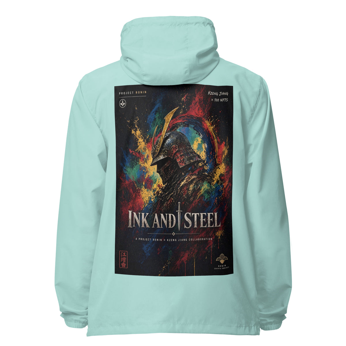 Ink and Steel Samurai Windbreaker, aqua white zipper back: back print of a samurai in a gold-crested helmet amid paint splashes, INK AND STEEL