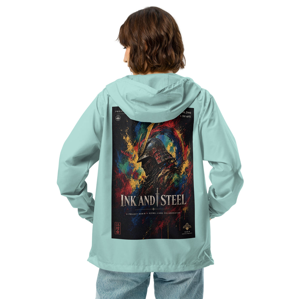 Ink and Steel Samurai Windbreaker, aqua white zipper back: back print of a samurai in a gold-crested helmet amid paint splashes, INK AND STEEL