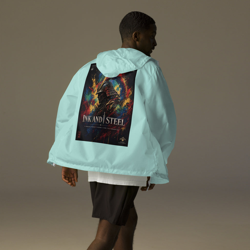Ink and Steel Samurai Windbreaker, aqua white zipper back: back print of a samurai in a gold-crested helmet amid paint splashes, INK AND STEEL