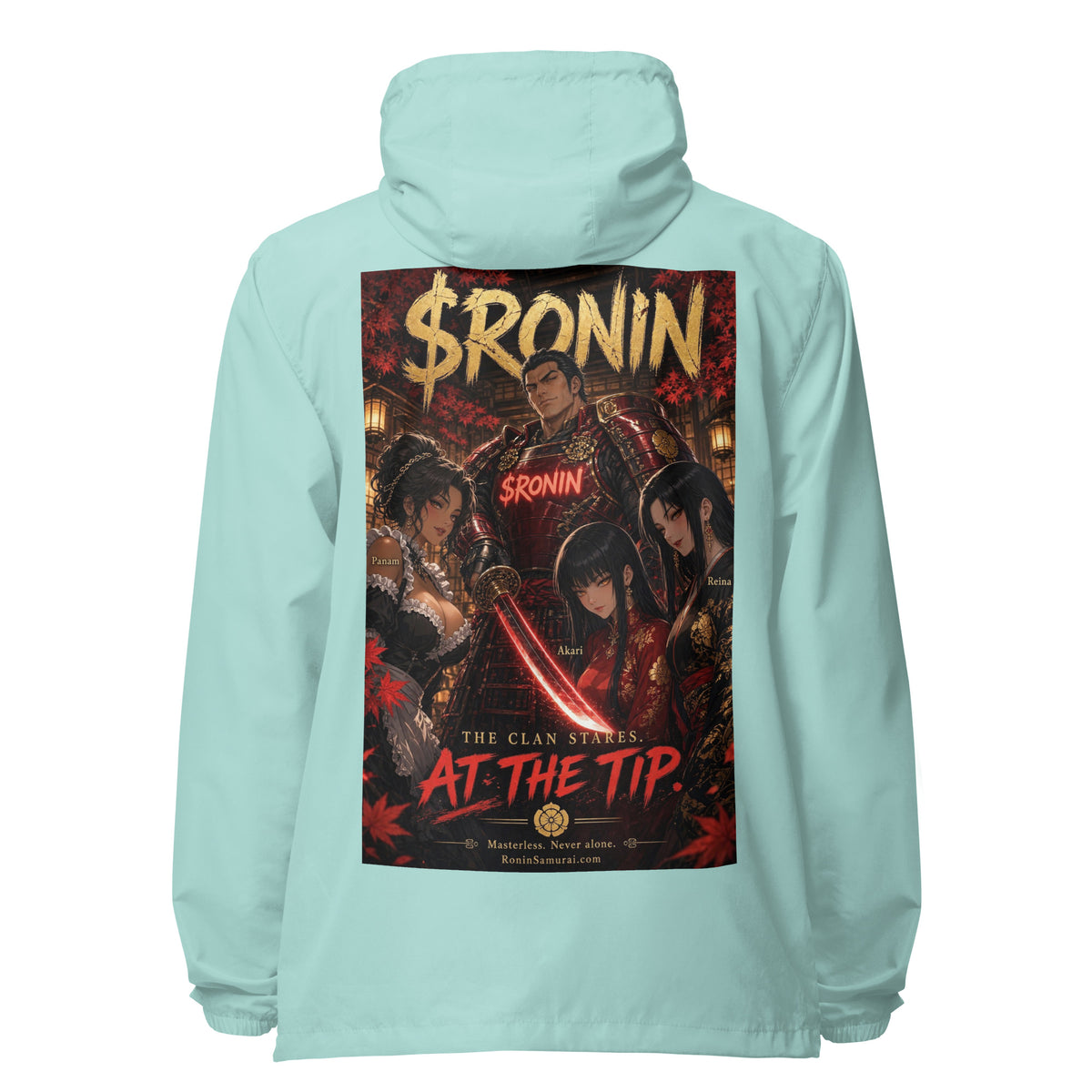 Clan at the Tip Windbreaker, aqua white zipper back: back print of a red-armored samurai with three swordswomen, THE CLAN AT THE TIP