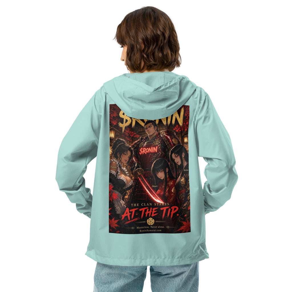 Clan at the Tip Windbreaker, aqua white zipper back: back print of a red-armored samurai with three swordswomen, THE CLAN AT THE TIP