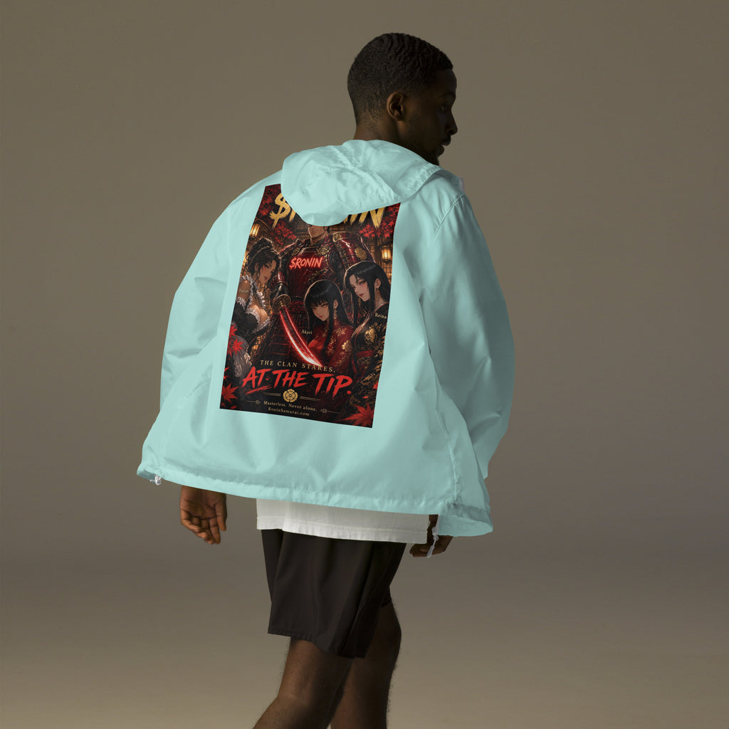 Clan at the Tip Windbreaker, aqua white zipper back: back print of a red-armored samurai with three swordswomen, THE CLAN AT THE TIP
