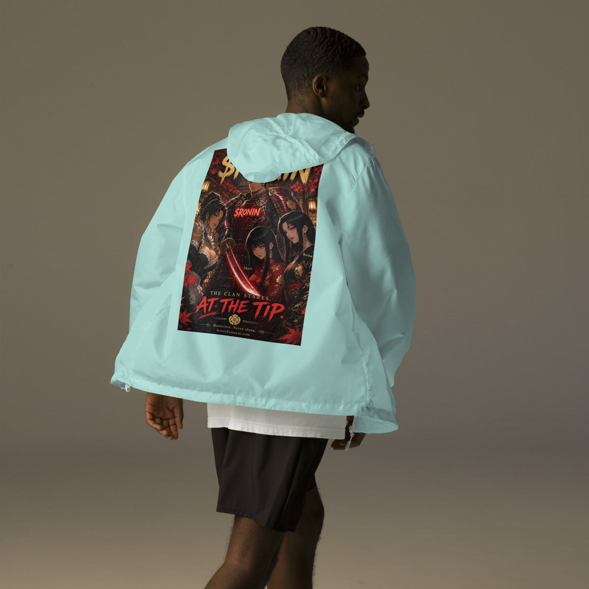 Clan at the Tip Windbreaker, aqua white zipper back: back print of a red-armored samurai with three swordswomen, THE CLAN AT THE TIP