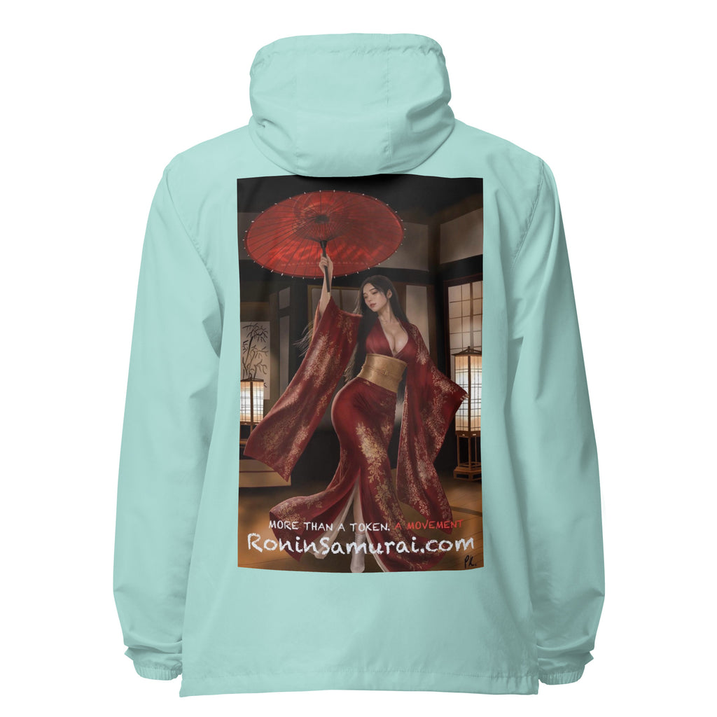 Red Parasol Ronin Windbreaker, aqua white zipper back: back print of a woman in a red kimono holding a red parasol in a shoji room
