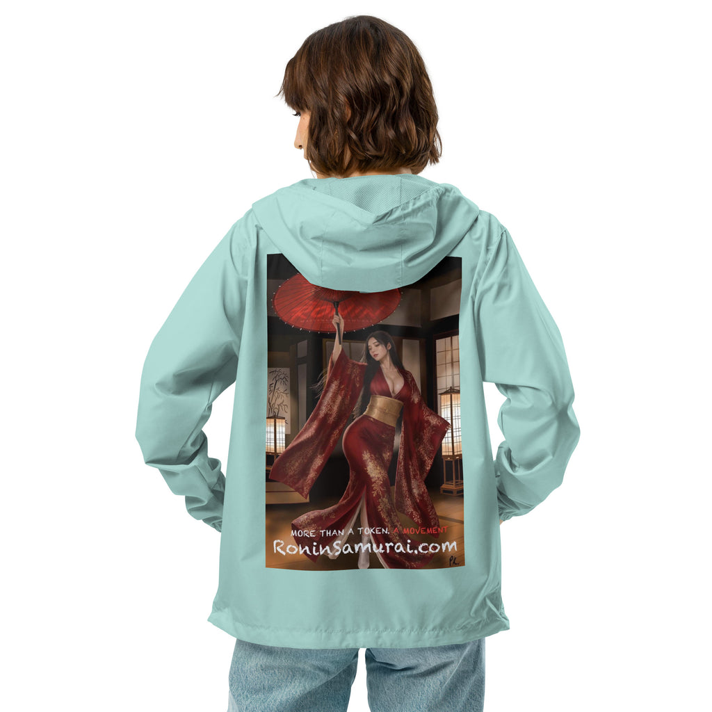 Red Parasol Ronin Windbreaker, aqua white zipper back: back print of a woman in a red kimono holding a red parasol in a shoji room