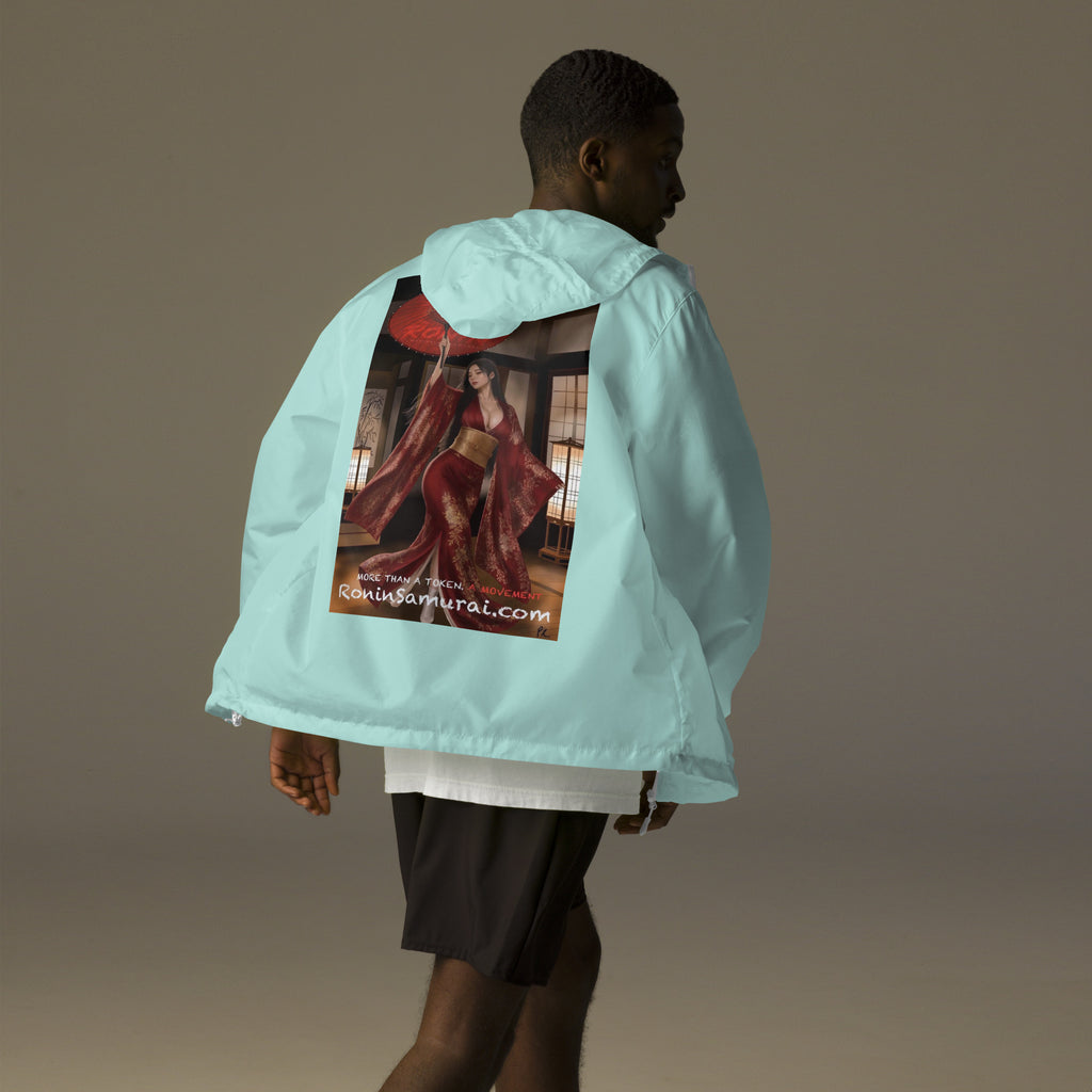 Red Parasol Ronin Windbreaker, aqua white zipper back: back print of a woman in a red kimono holding a red parasol in a shoji room