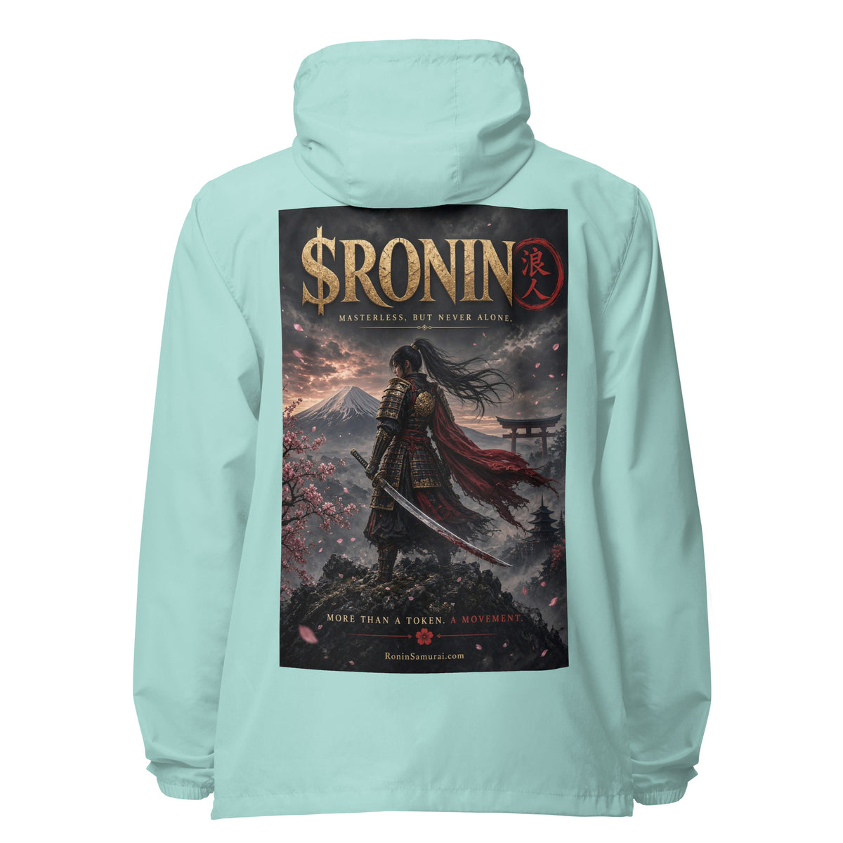 Torii Ridge Ronin Windbreaker, aqua white zipper back: back print of a caped female samurai on a ridge facing Fuji and a torii under gold $RONIN