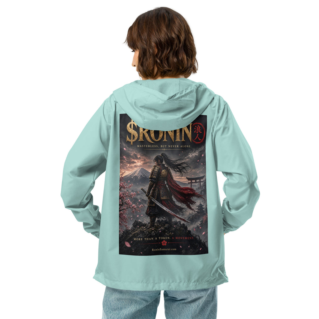 Torii Ridge Ronin Windbreaker, aqua white zipper back: back print of a caped female samurai on a ridge facing Fuji and a torii under gold $RONIN