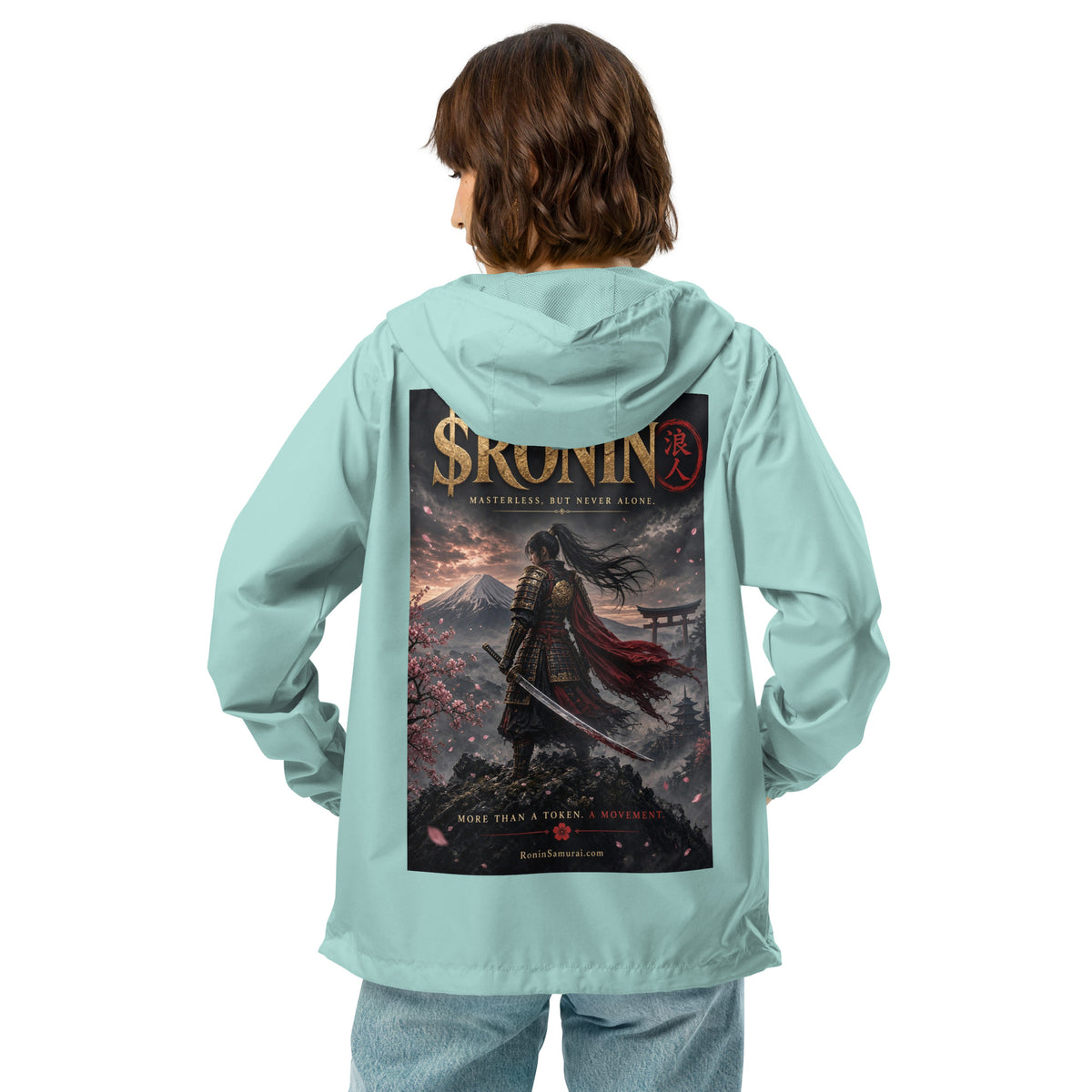 Torii Ridge Ronin Windbreaker, aqua white zipper back: back print of a caped female samurai on a ridge facing Fuji and a torii under gold $RONIN