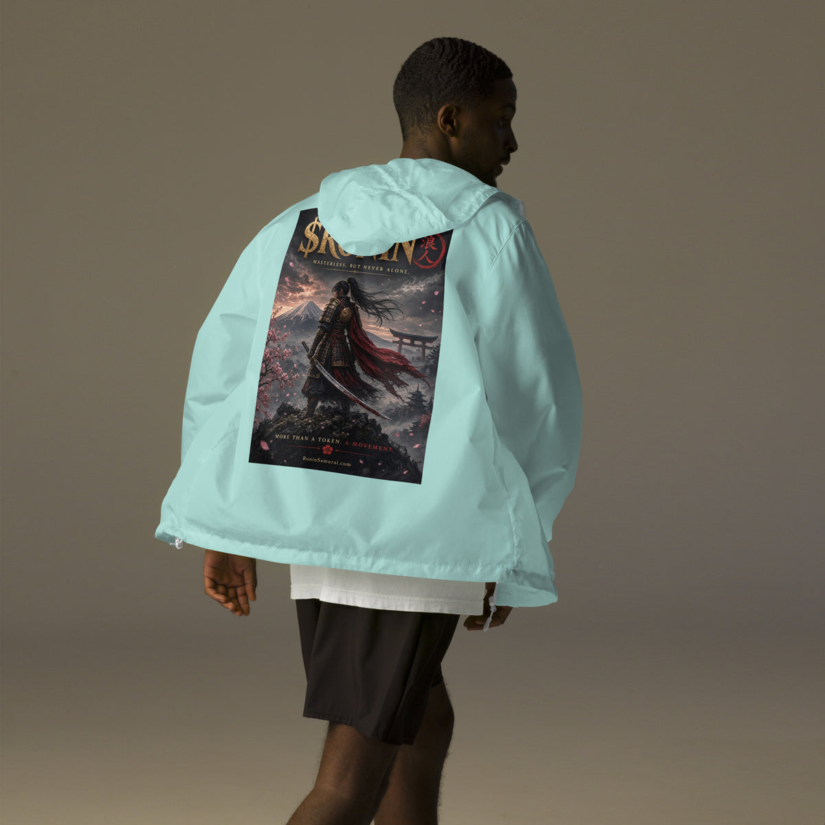 Torii Ridge Ronin Windbreaker, aqua white zipper back: back print of a caped female samurai on a ridge facing Fuji and a torii under gold $RONIN