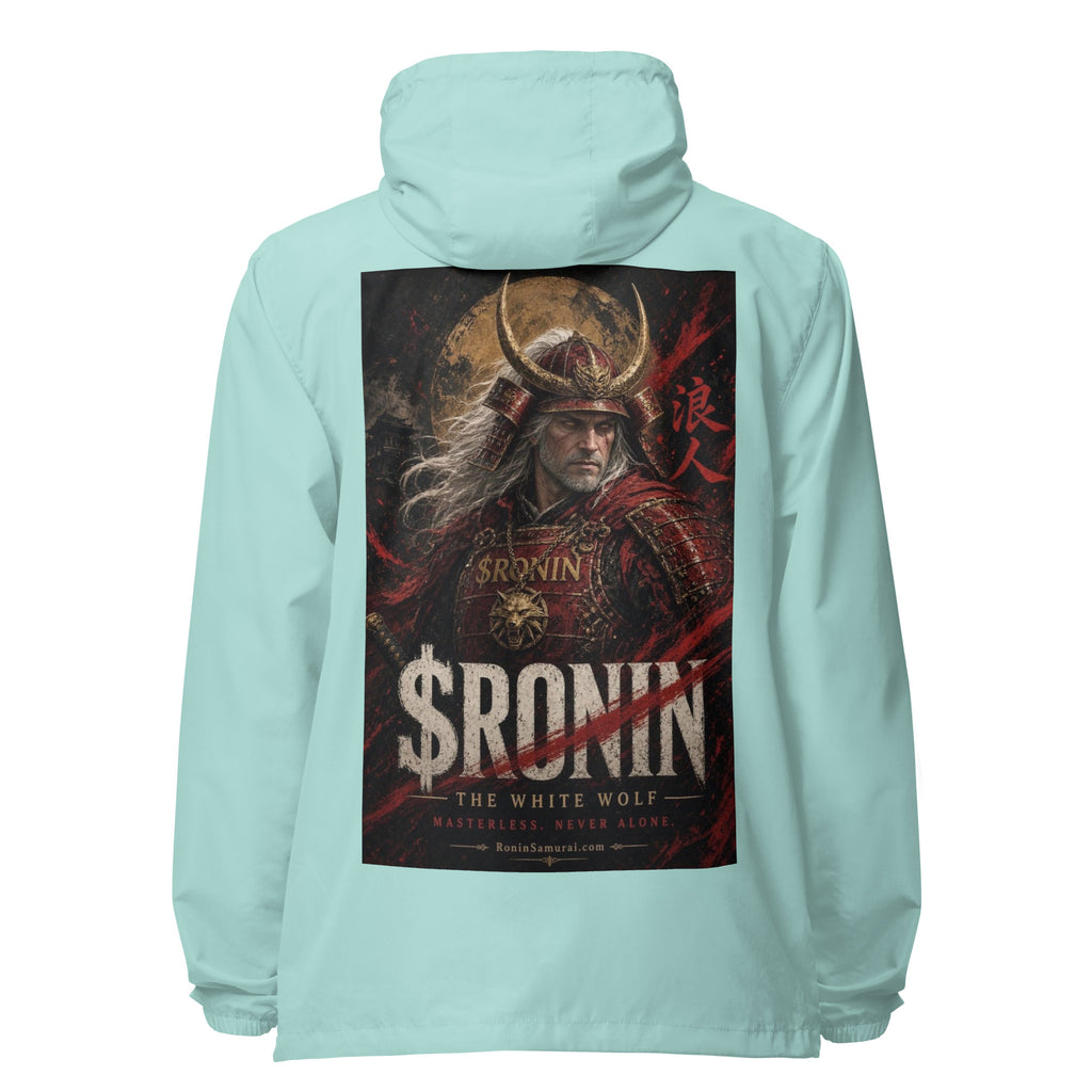 Silver-Haired Ronin Windbreaker, aqua white zipper back: back print of a silver-haired, scarred warrior in crimson armor and gold-horned kabuto under a bold $RONIN title