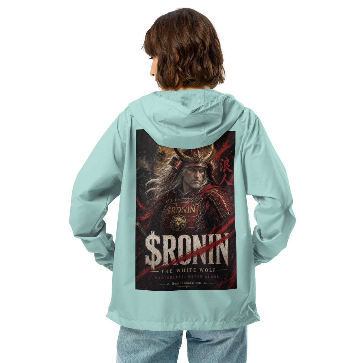 Silver-Haired Ronin Windbreaker, aqua white zipper back: back print of a silver-haired, scarred warrior in crimson armor and gold-horned kabuto under a bold $RONIN title