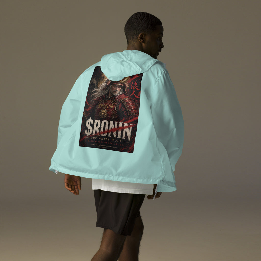 Silver-Haired Ronin Windbreaker, aqua white zipper back: back print of a silver-haired, scarred warrior in crimson armor and gold-horned kabuto under a bold $RONIN title