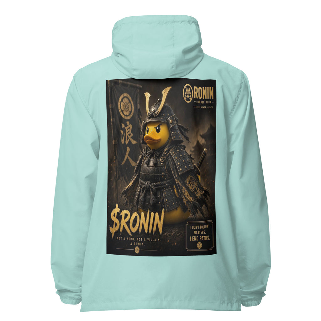 Samurai Rubber Duck Windbreaker, aqua white zipper back: back print of a yellow rubber duck in black-and-gold samurai armor, gold $RONIN