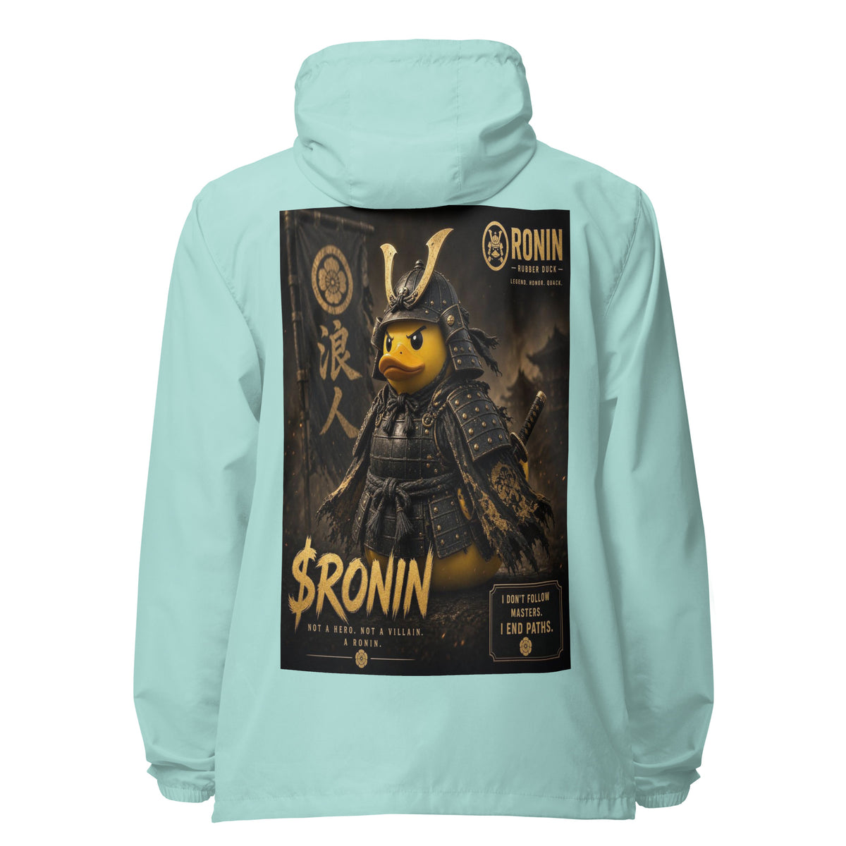 Samurai Rubber Duck Windbreaker, aqua white zipper back: back print of a yellow rubber duck in black-and-gold samurai armor, gold $RONIN