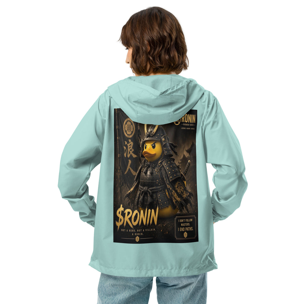 Samurai Rubber Duck Windbreaker, aqua white zipper back: back print of a yellow rubber duck in black-and-gold samurai armor, gold $RONIN