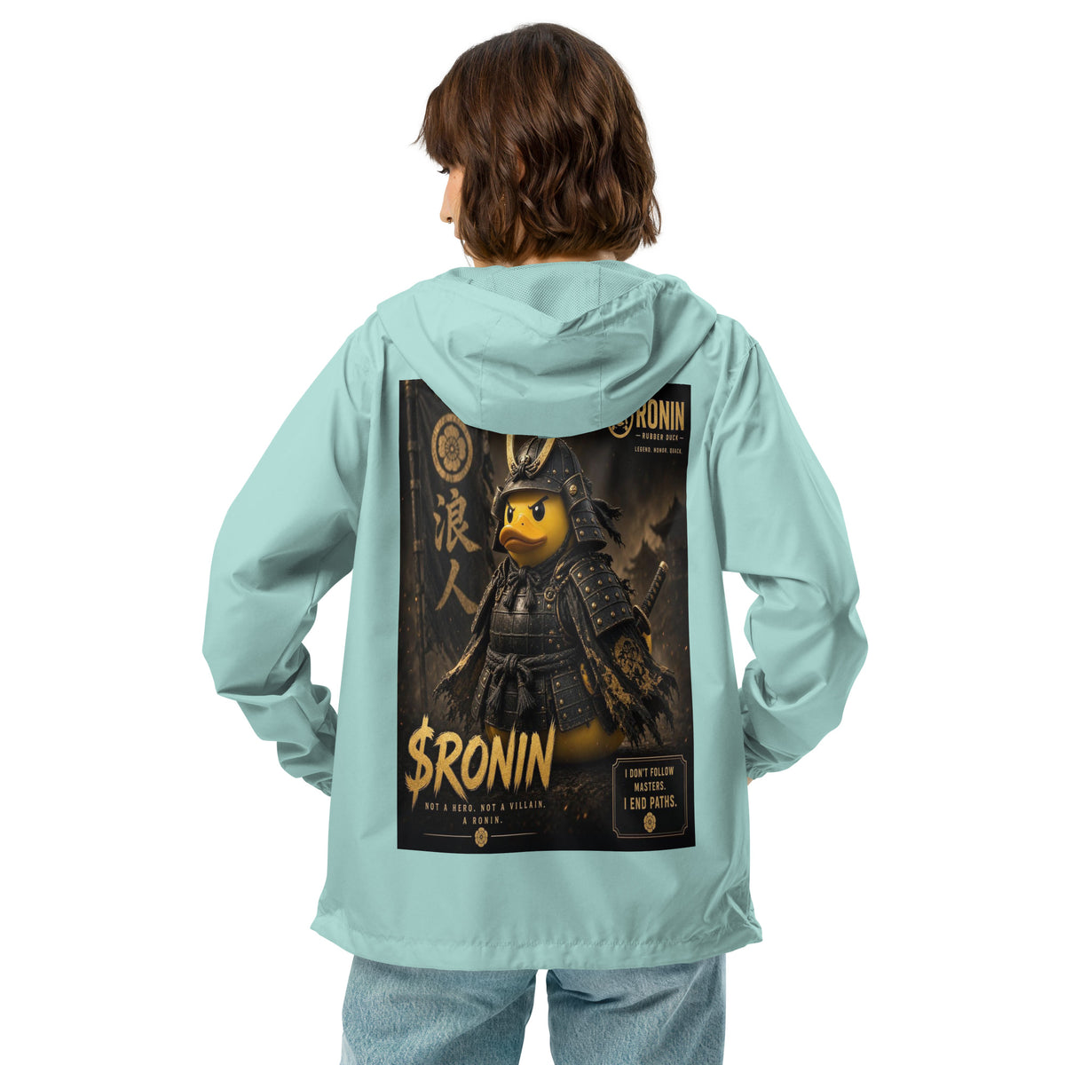 Samurai Rubber Duck Windbreaker, aqua white zipper back: back print of a yellow rubber duck in black-and-gold samurai armor, gold $RONIN