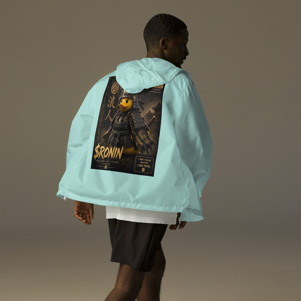 Samurai Rubber Duck Windbreaker, aqua white zipper back: back print of a yellow rubber duck in black-and-gold samurai armor, gold $RONIN