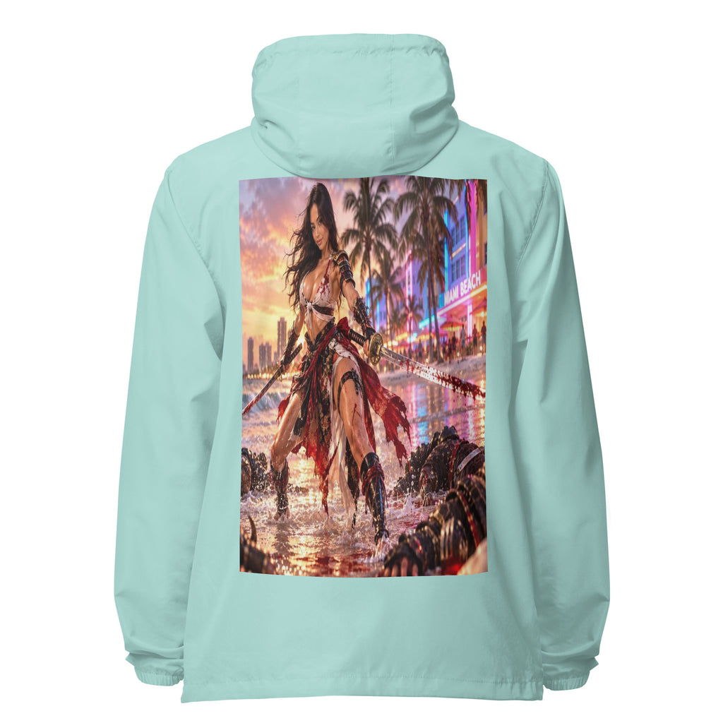 Miami Beach Ronin Windbreaker, aqua white zipper back: back print of a dual-katana warrior in the surf before a neon Miami Beach skyline