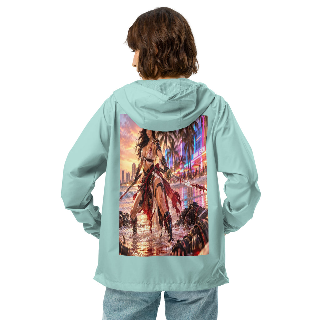 Miami Beach Ronin Windbreaker, aqua white zipper back: back print of a dual-katana warrior in the surf before a neon Miami Beach skyline