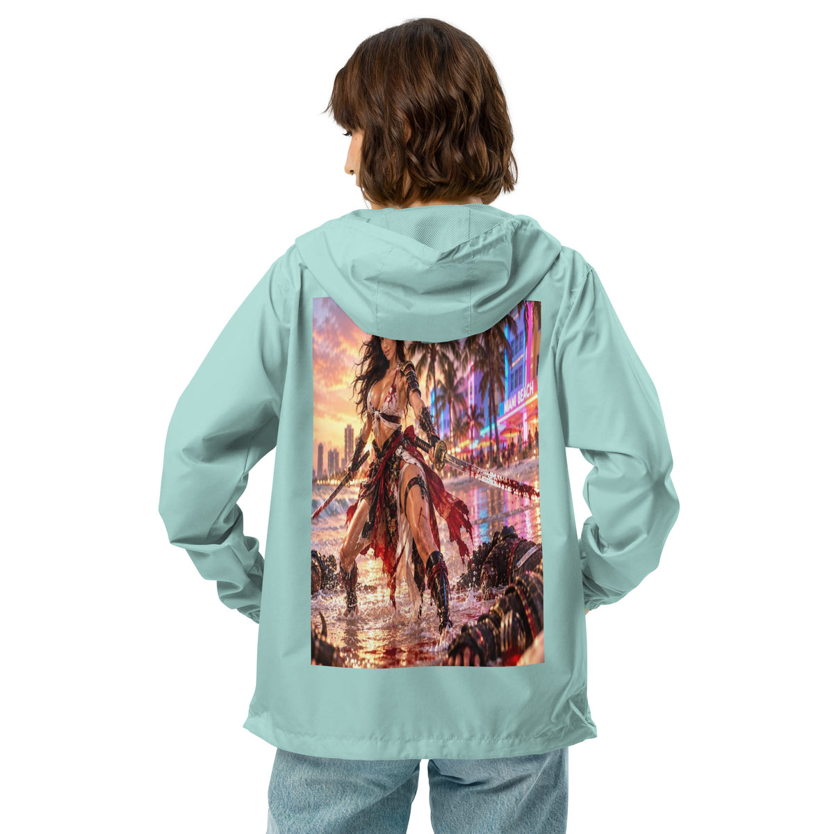 Miami Beach Ronin Windbreaker, aqua white zipper back: back print of a dual-katana warrior in the surf before a neon Miami Beach skyline