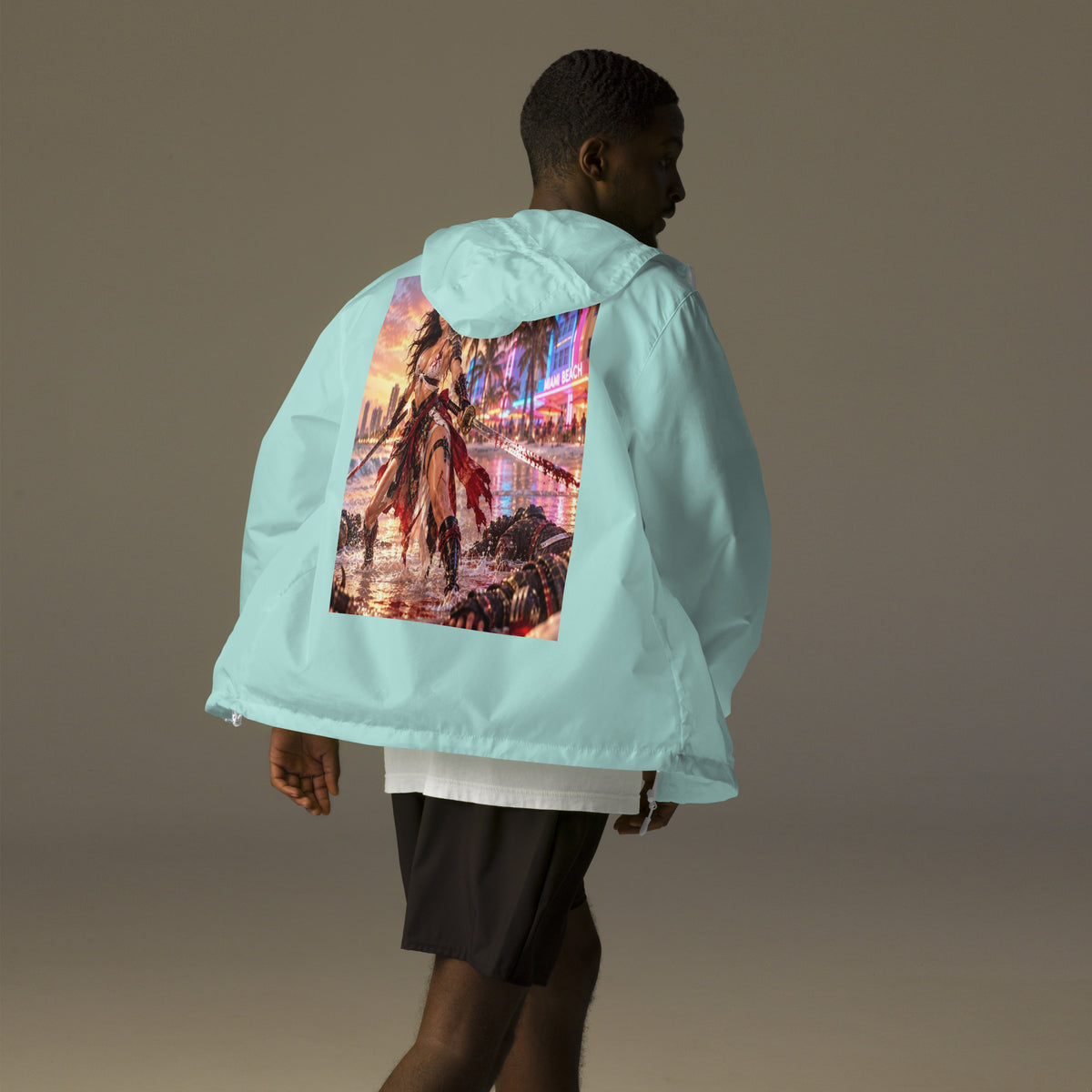 Miami Beach Ronin Windbreaker, aqua white zipper back: back print of a dual-katana warrior in the surf before a neon Miami Beach skyline