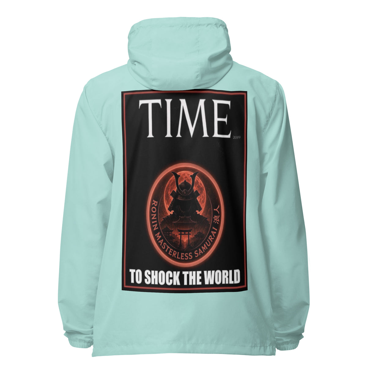 Ronin Cover Story Windbreaker, aqua white zipper back: back print of a red-framed cover-style poster with the round RONIN samurai seal and TO SHOCK THE WORLD