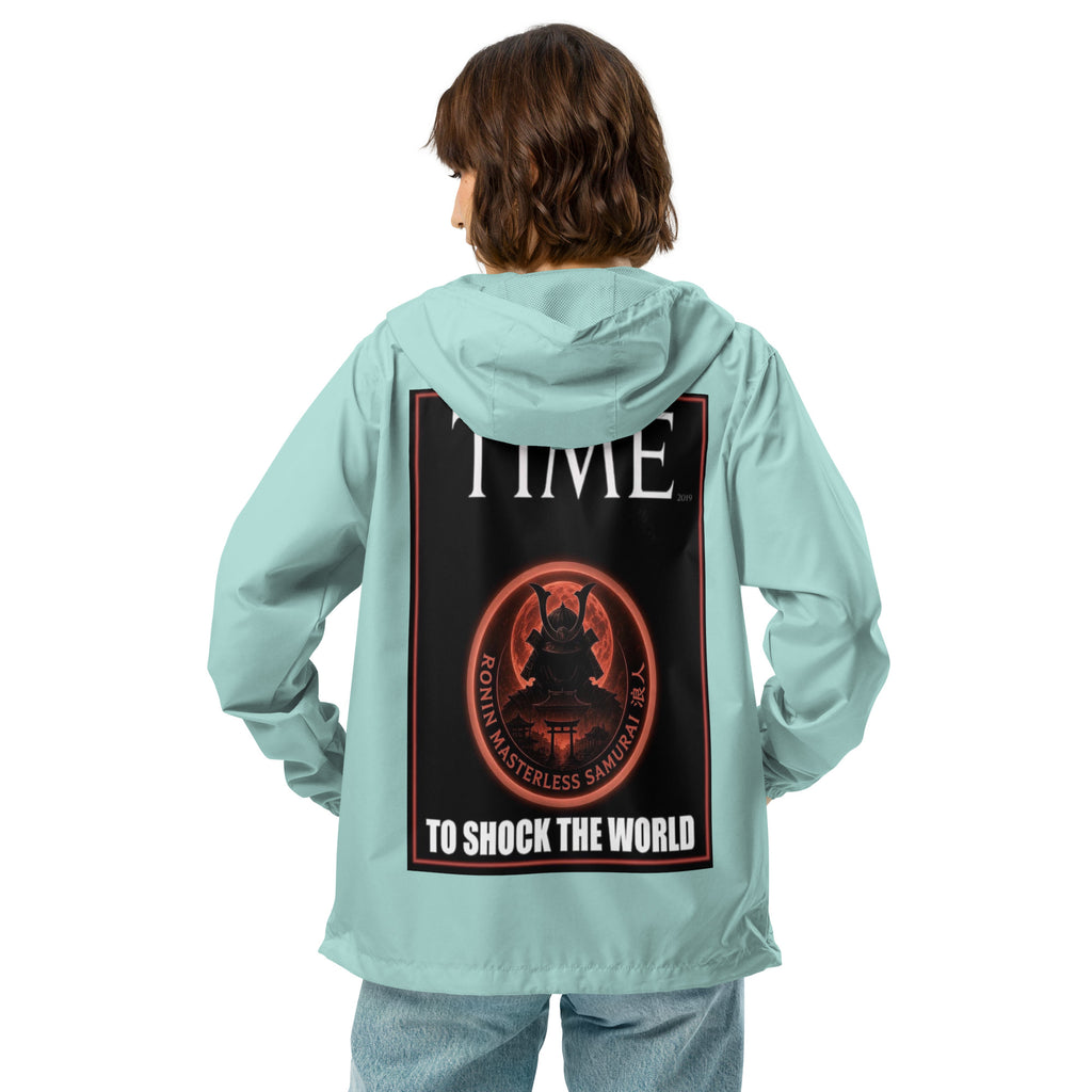 Ronin Cover Story Windbreaker, aqua white zipper back: back print of a red-framed cover-style poster with the round RONIN samurai seal and TO SHOCK THE WORLD