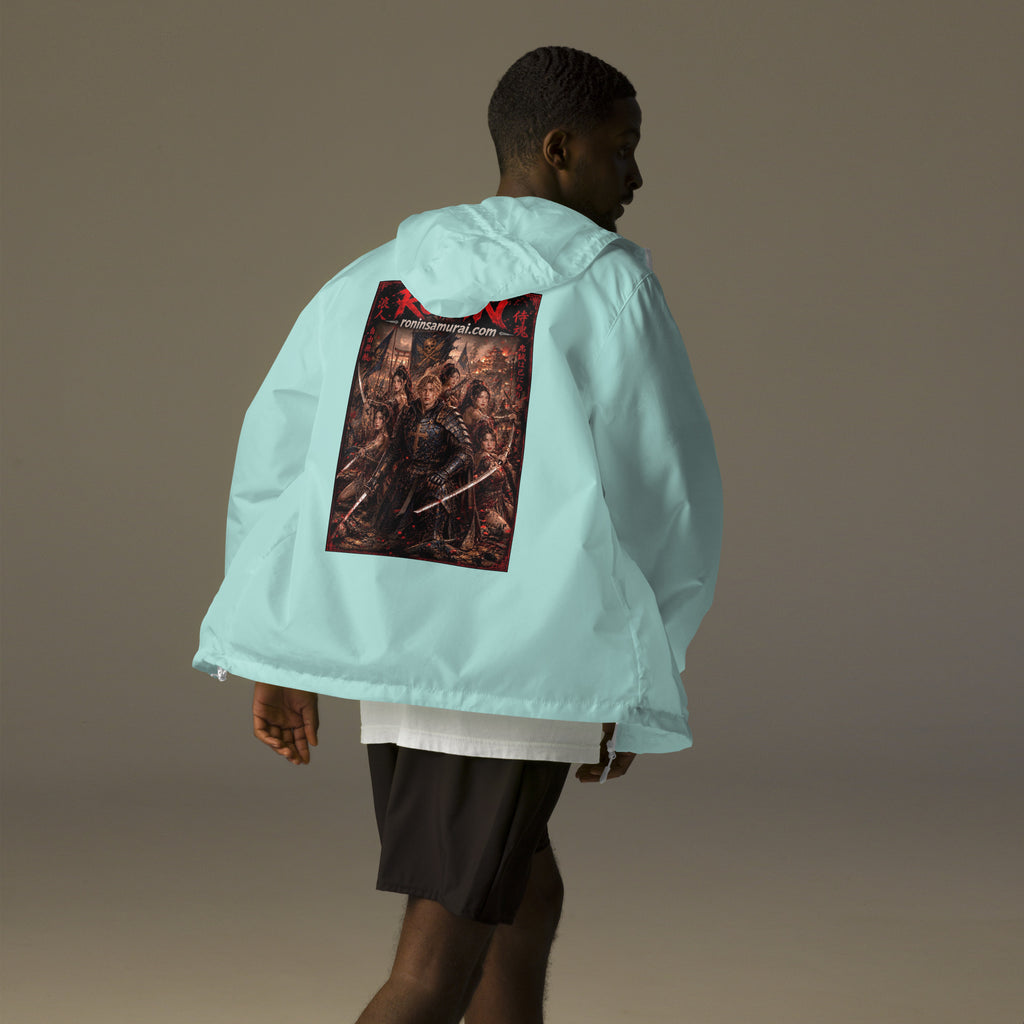 Ronin Warband Windbreaker, aqua white zipper back: back print of an armored warband on a burning battlefield under a red RONIN title