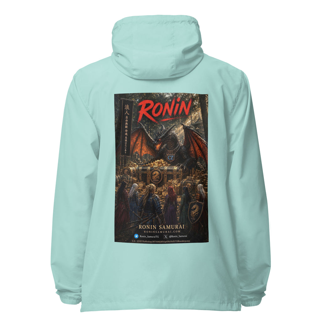 Golden Dragon Ronin Windbreaker, aqua white zipper back: back print of a dark dragon on a golden hoard facing armored warriors, red RONIN