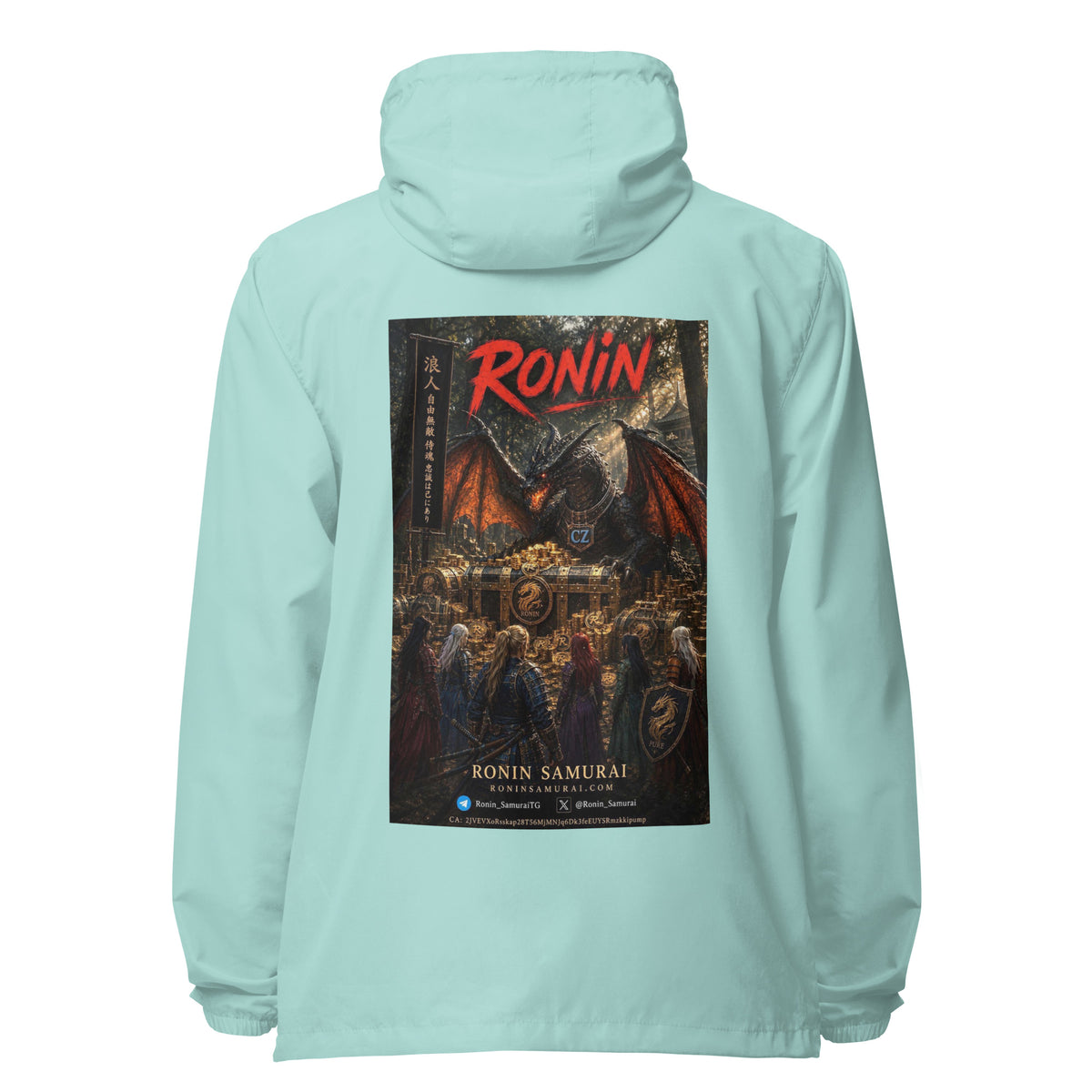Golden Dragon Ronin Windbreaker, aqua white zipper back: back print of a dark dragon on a golden hoard facing armored warriors, red RONIN