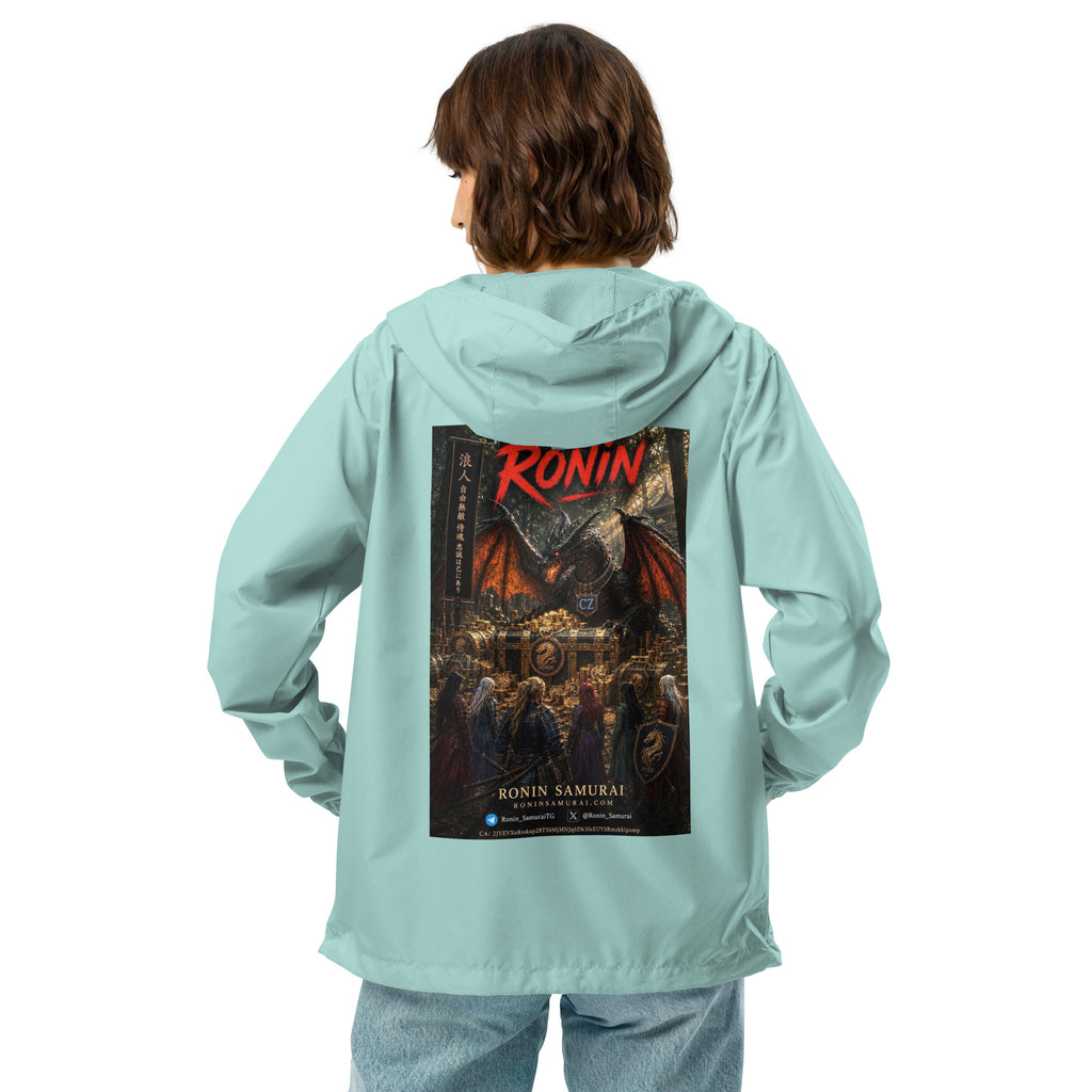Golden Dragon Ronin Windbreaker, aqua white zipper back: back print of a dark dragon on a golden hoard facing armored warriors, red RONIN