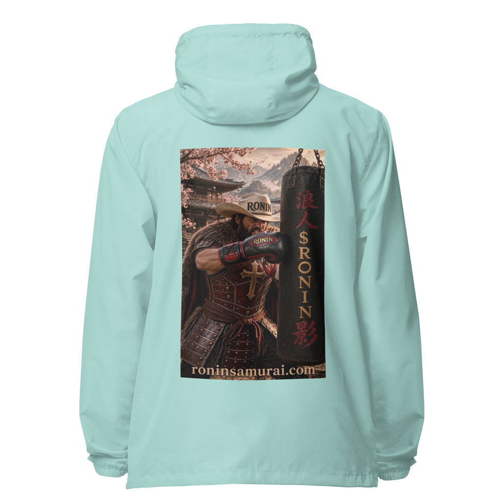 Heavy Bag Ronin Windbreaker, aqua white zipper back: back print of a cowboy-hat samurai boxer punching a heavy bag lettered 浪人 $RONIN