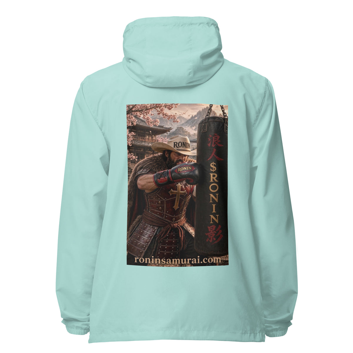 Heavy Bag Ronin Windbreaker, aqua white zipper back: back print of a cowboy-hat samurai boxer punching a heavy bag lettered 浪人 $RONIN