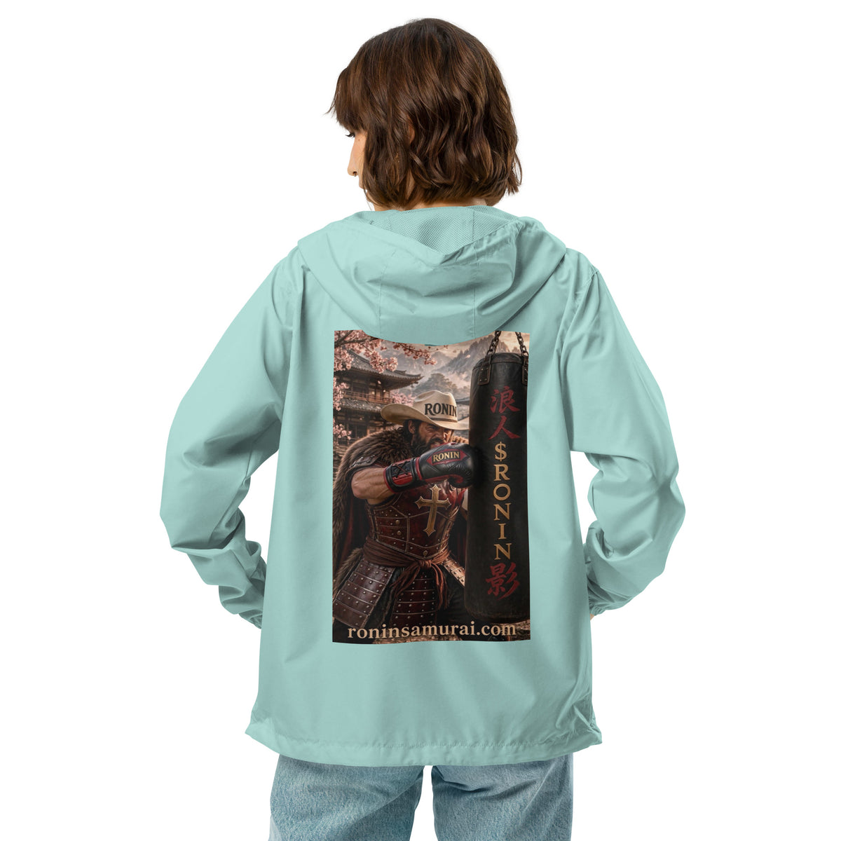Heavy Bag Ronin Windbreaker, aqua white zipper back: back print of a cowboy-hat samurai boxer punching a heavy bag lettered 浪人 $RONIN