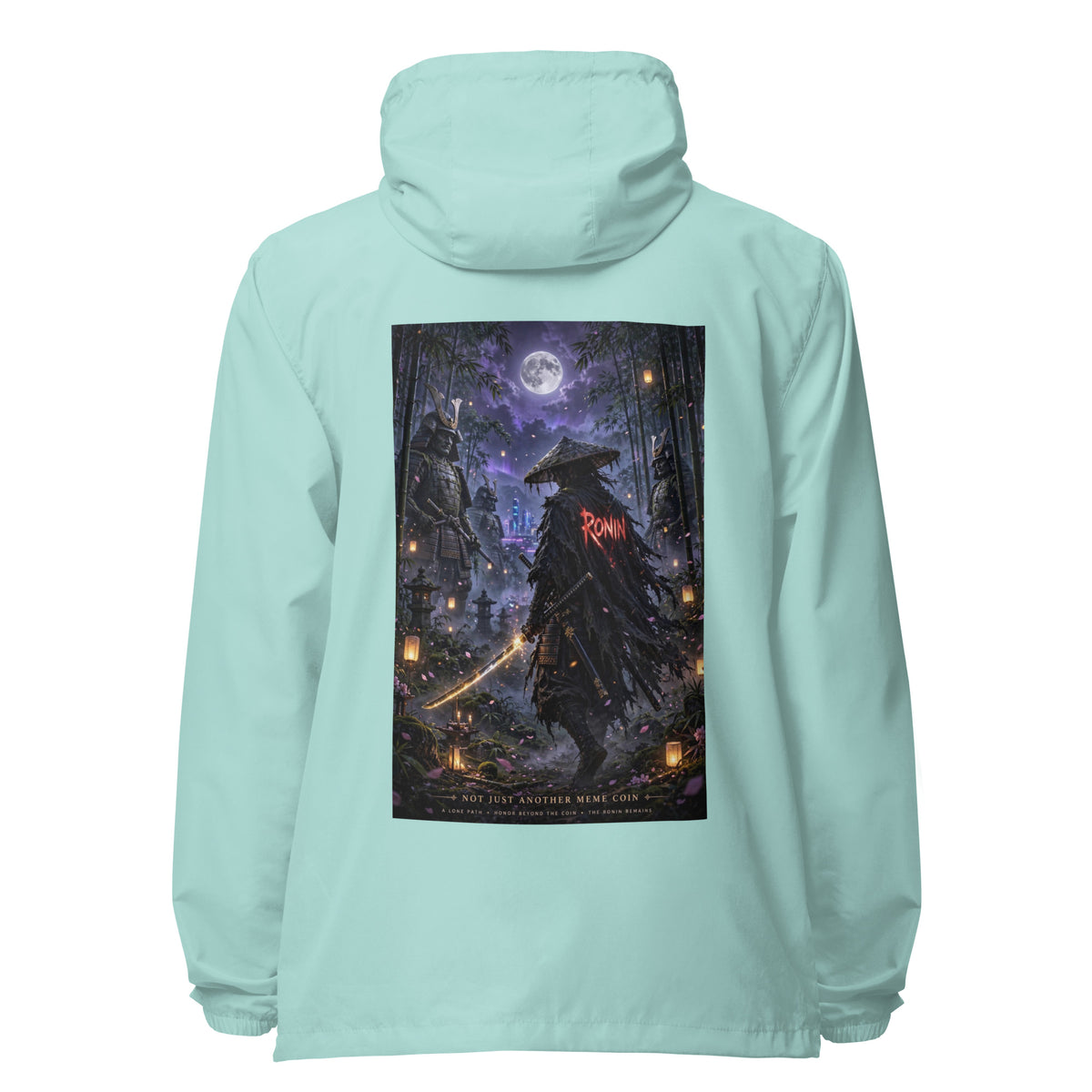 Bamboo Moon Ronin Windbreaker, aqua white zipper back: back print of a straw-hat ronin with a glowing katana in a moonlit lantern bamboo grove