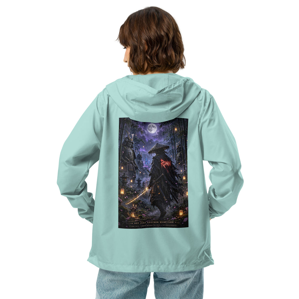 Bamboo Moon Ronin Windbreaker, aqua white zipper back: back print of a straw-hat ronin with a glowing katana in a moonlit lantern bamboo grove