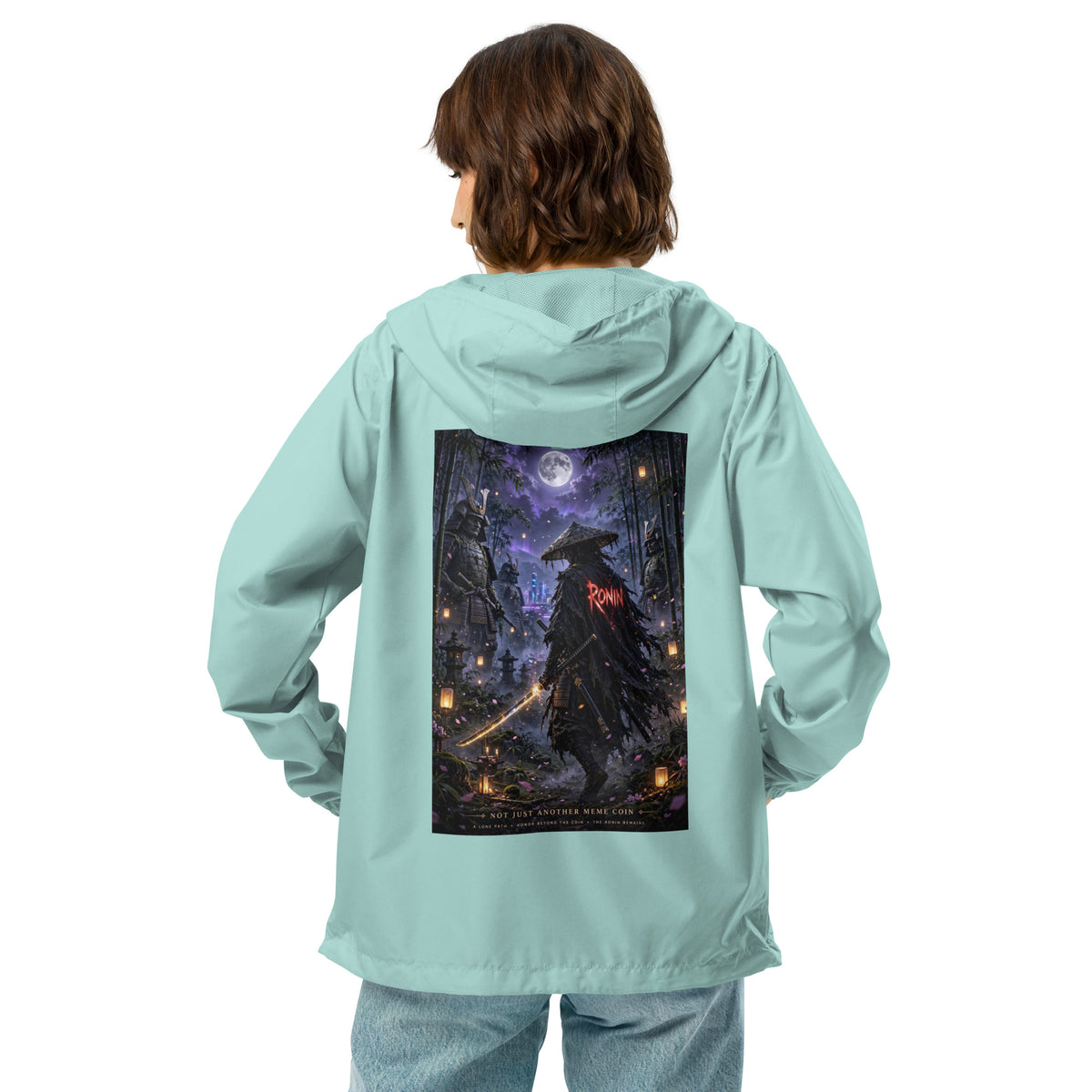 Bamboo Moon Ronin Windbreaker, aqua white zipper back: back print of a straw-hat ronin with a glowing katana in a moonlit lantern bamboo grove