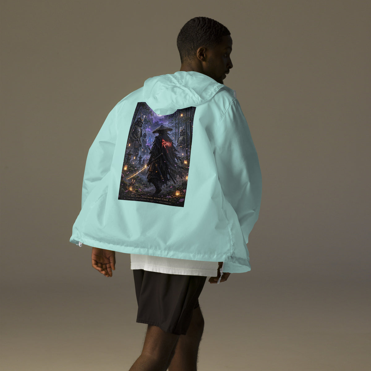 Bamboo Moon Ronin Windbreaker, aqua white zipper back: back print of a straw-hat ronin with a glowing katana in a moonlit lantern bamboo grove