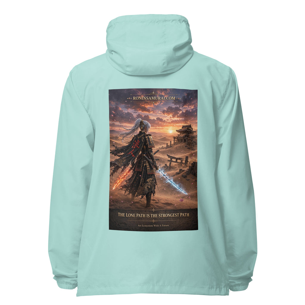 Lone Path Ronin Windbreaker, aqua white zipper back: back print of a white-haired samurai with fire and ice blades in a sunset desert