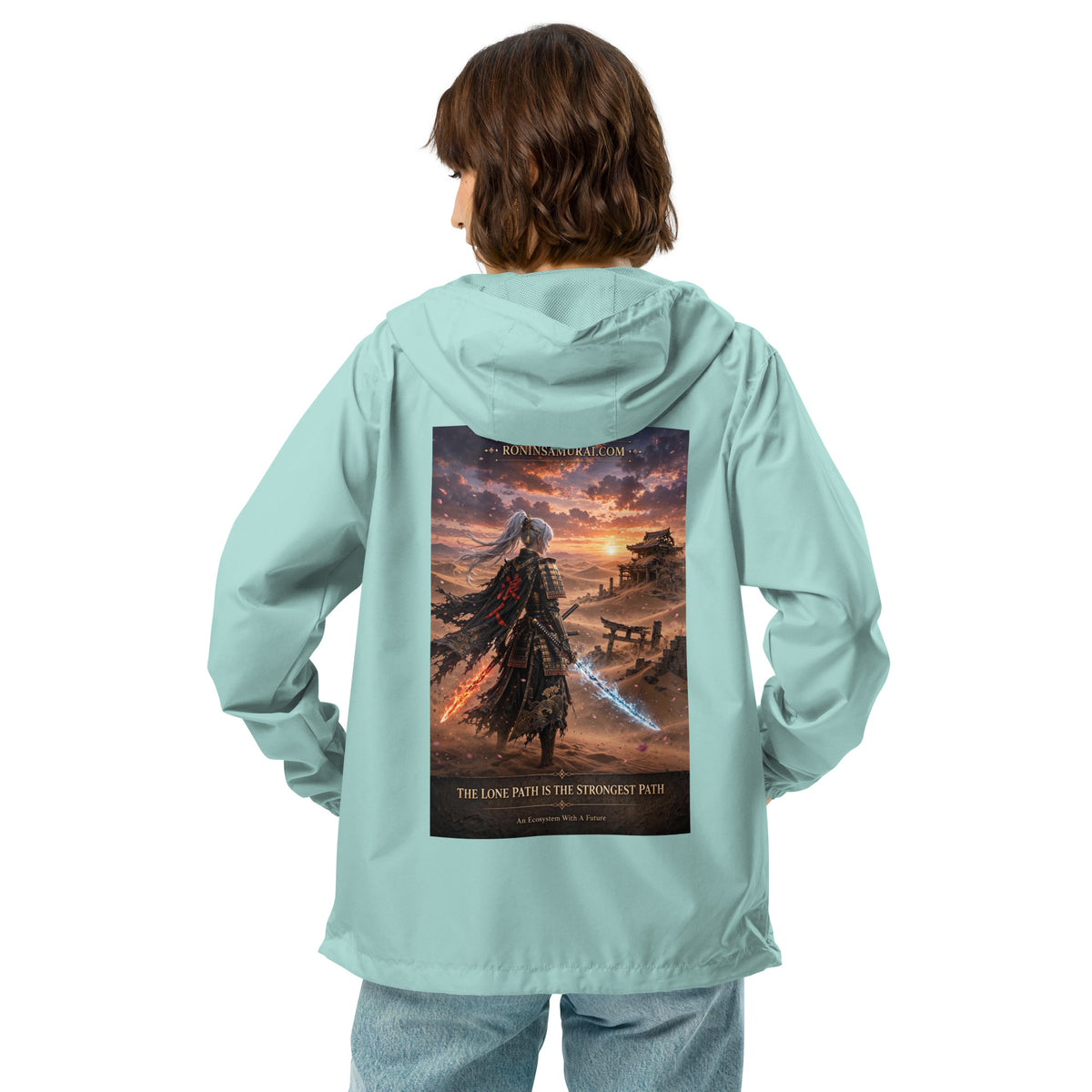 Lone Path Ronin Windbreaker, aqua white zipper back: back print of a white-haired samurai with fire and ice blades in a sunset desert