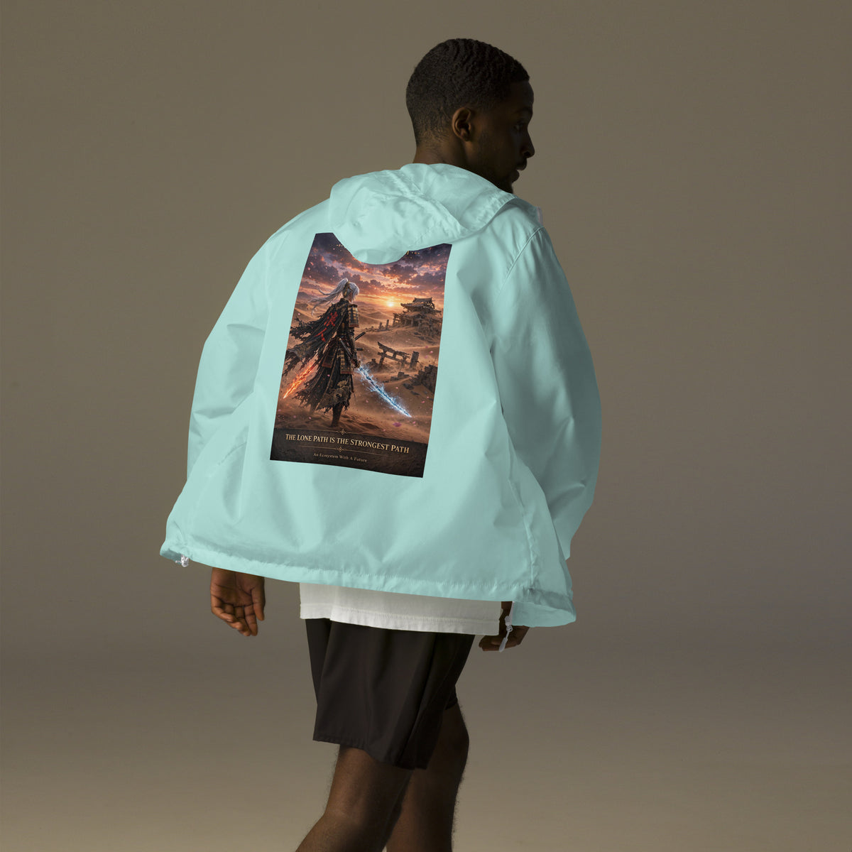 Lone Path Ronin Windbreaker, aqua white zipper back: back print of a white-haired samurai with fire and ice blades in a sunset desert