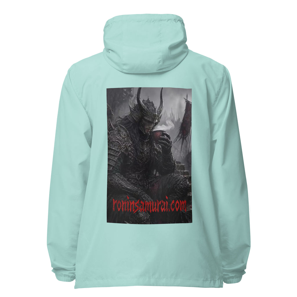 Warlord's Brew Windbreaker, aqua white zipper back: back print of a dark horned armored warlord sipping a steaming cup