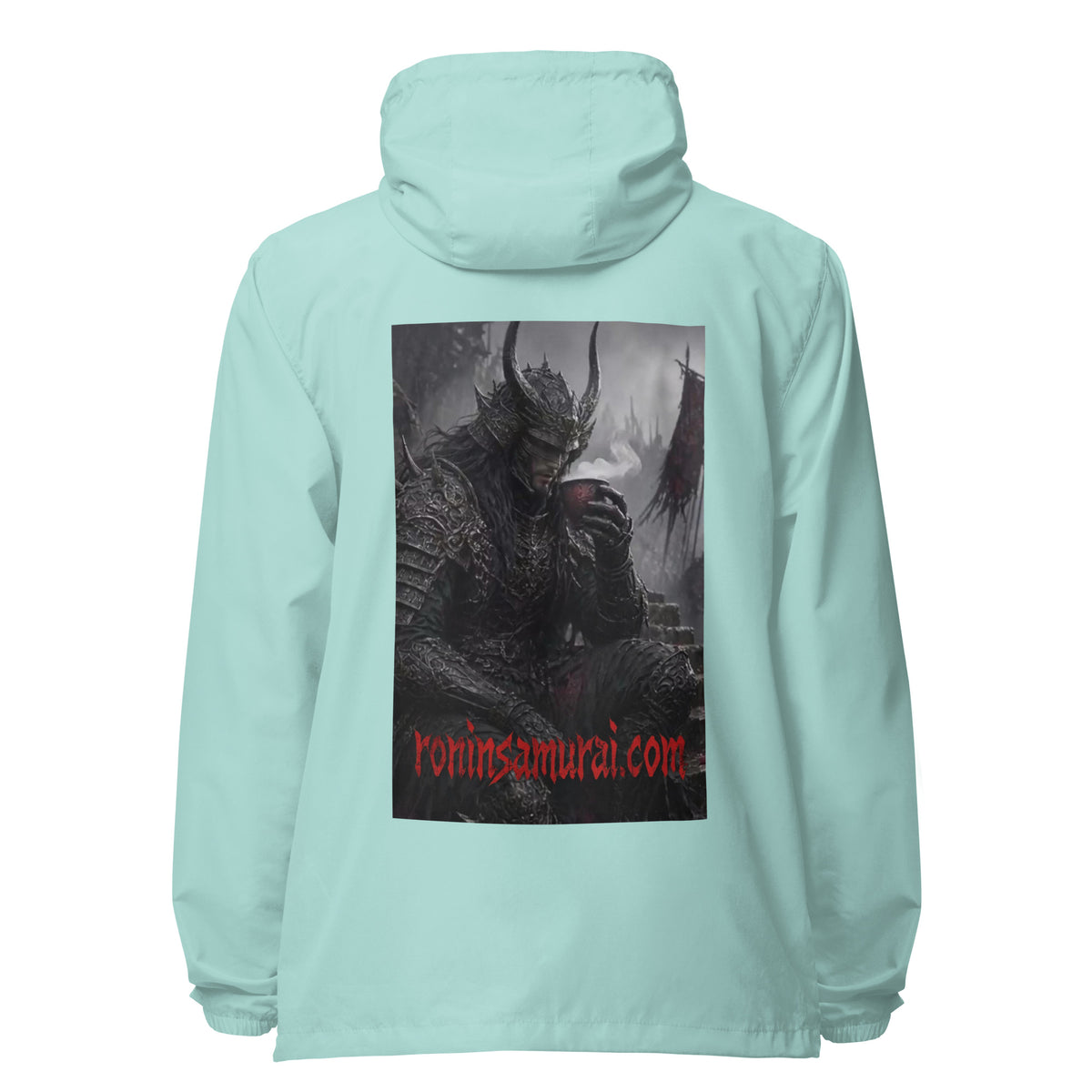 Warlord's Brew Windbreaker, aqua white zipper back: back print of a dark horned armored warlord sipping a steaming cup