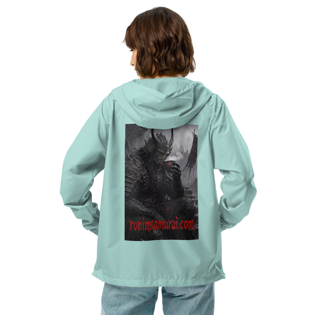 Warlord's Brew Windbreaker, aqua white zipper back: back print of a dark horned armored warlord sipping a steaming cup